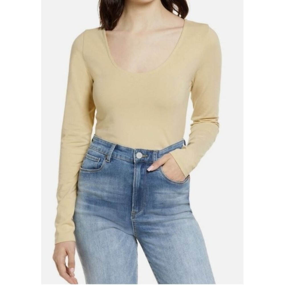 BP. Women's Crop Long Sleeve Scoop Neck Organic Cotton T-Shirt Tan Boulder Small